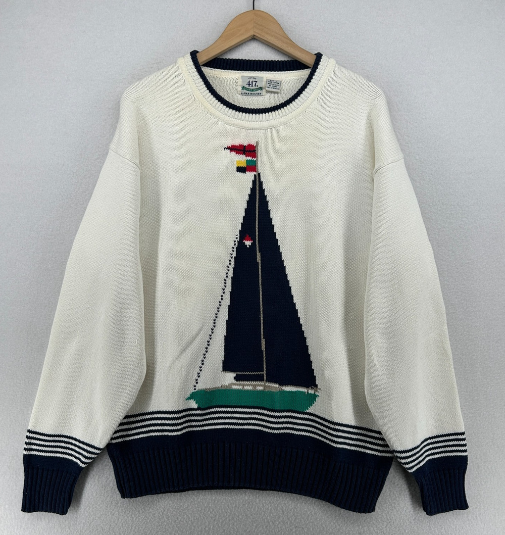 417 by VAN HEUSEN Sweater Mens L 90s Sailboat Nautical Jumper Pullover Off White